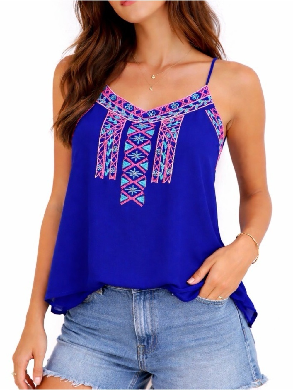 Blu Pepper blue aztec print embroidered spaghetti strap lightweight flowy top